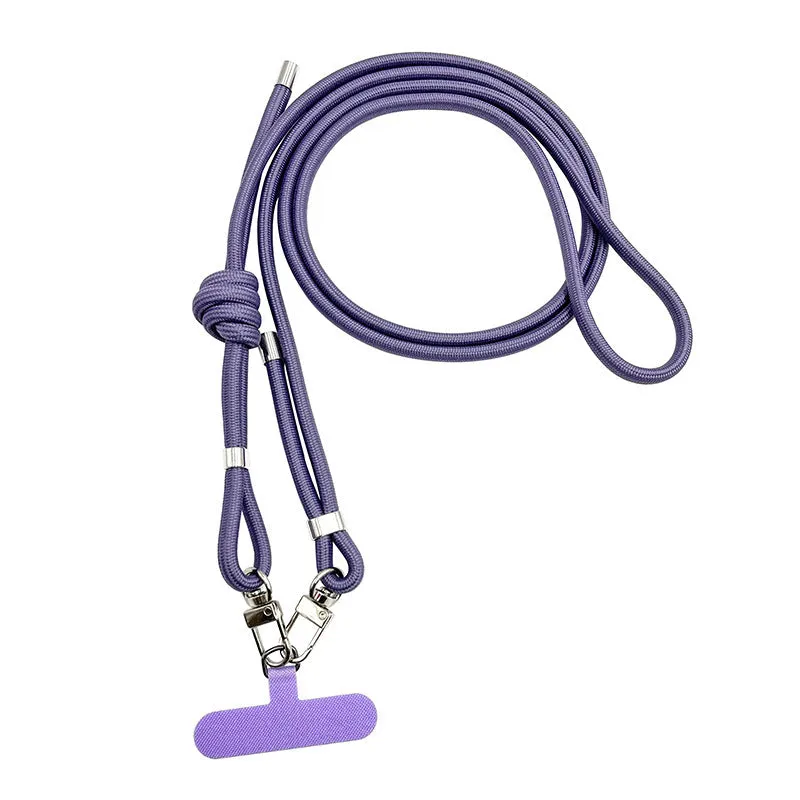 Adjustable crossbody phone lanyard in black with alloy clip, 120-160 cm length, handmade unisex mobile strap