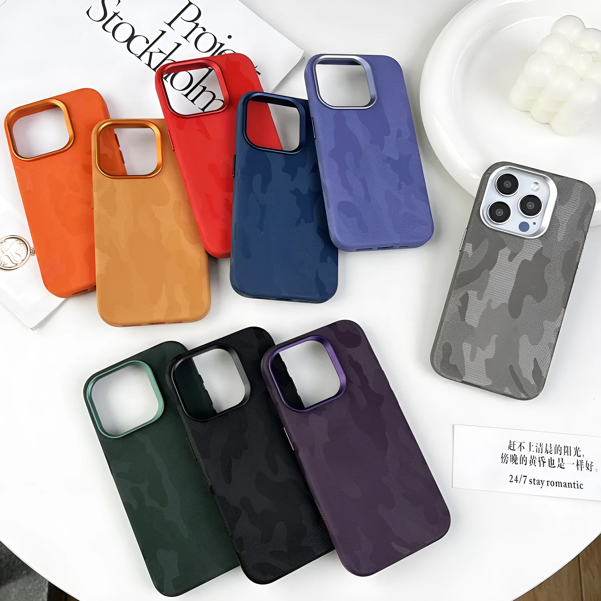 Leather camouflage magnetic phone case for iPhone in Emma Orange colour, shockproof and anti-fall protection