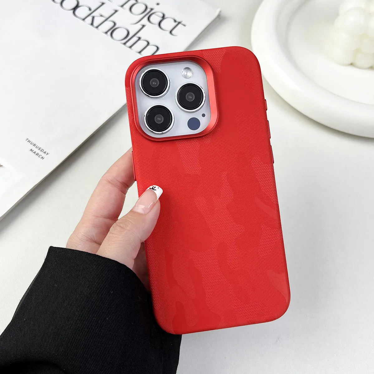 Leather camouflage magnetic phone case for iPhone in Emma Orange colour, shockproof and anti-fall protection