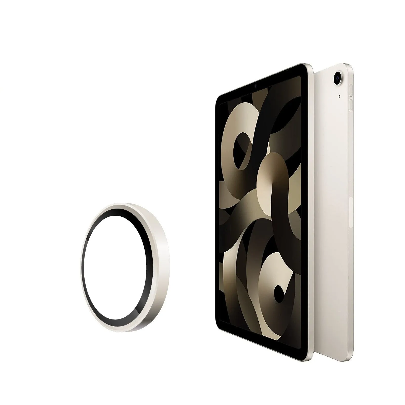 Tempered glass lens protective film for iPad with electroplated metal eagle eye ring in black finish