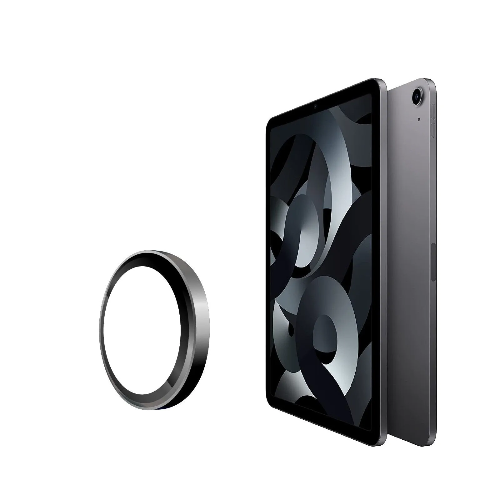 Tempered glass lens protective film for iPad with electroplated metal eagle eye ring in black finish