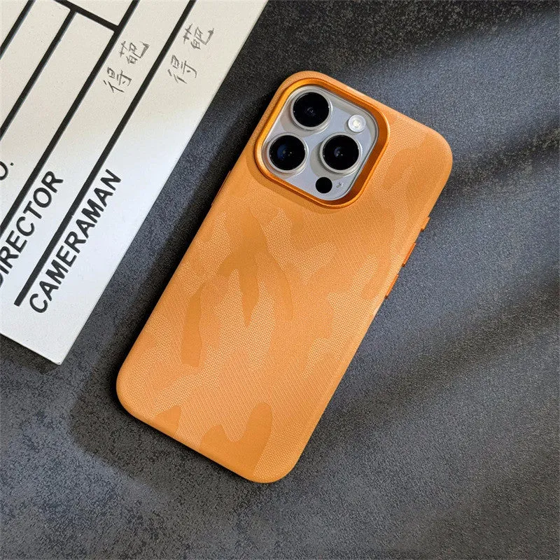Magnetic camouflage leather phone case for iPhone with shockproof anti-fingerprint fabric finish in dark purple