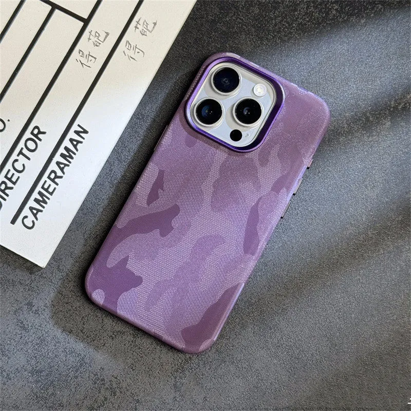 Magnetic camouflage leather phone case for iPhone with shockproof anti-fingerprint fabric finish in dark purple