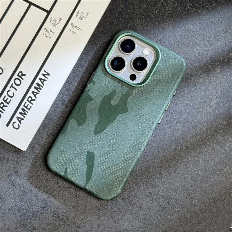 Magnetic camouflage leather phone case for iPhone with shockproof anti-fingerprint fabric finish in dark purple