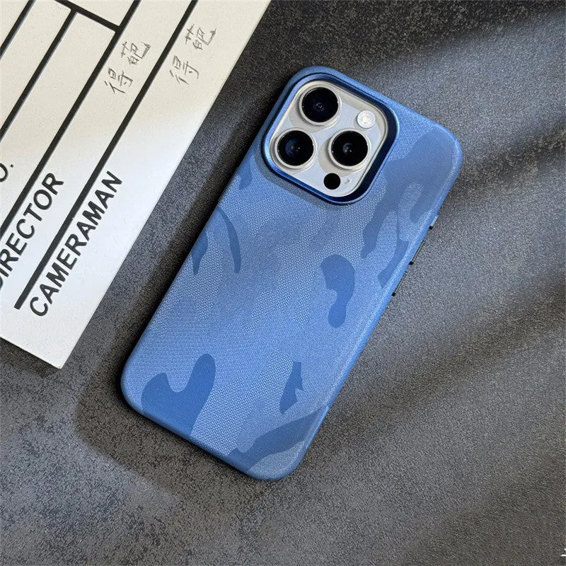 Magnetic camouflage leather phone case for iPhone with shockproof anti-fingerprint fabric finish in dark purple