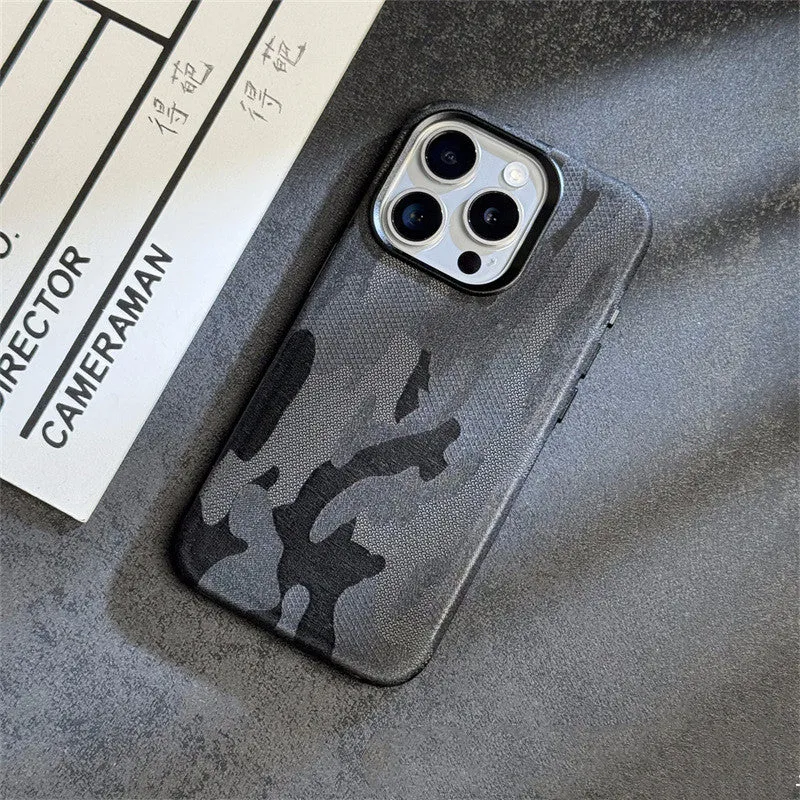 Magnetic camouflage leather phone case for iPhone with shockproof anti-fingerprint fabric finish in dark purple