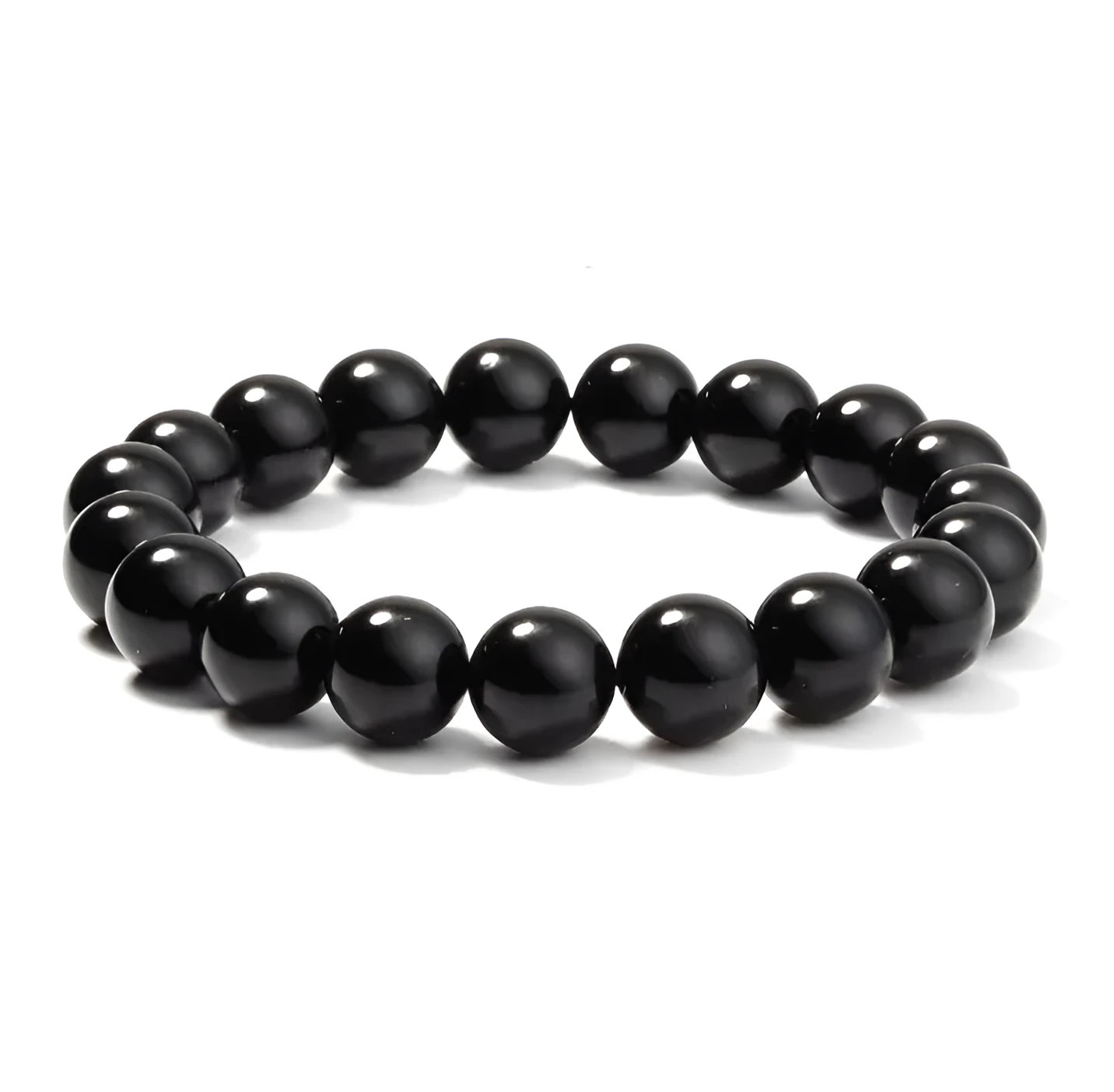 Geometric black agate bracelet with 8mm beads on a black elastic cord for women.
