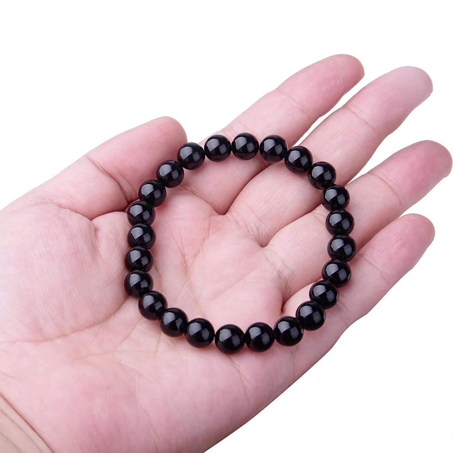 Geometric black agate bracelet with 8mm beads on a black elastic cord for women.