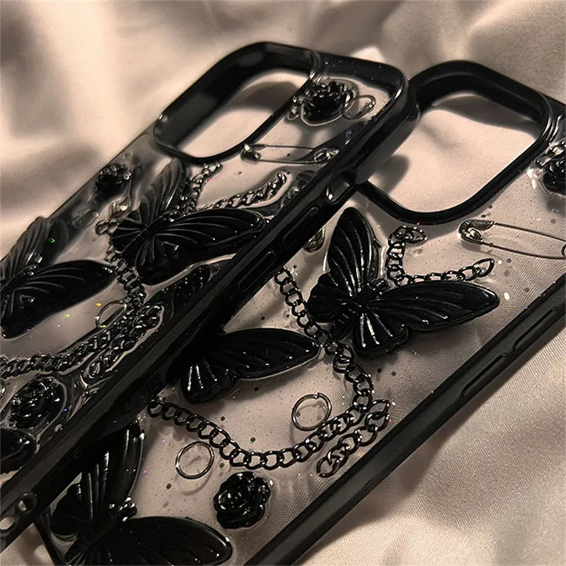Black silicone phone case with three-dimensional butterfly design for Apple iPhone drop protection