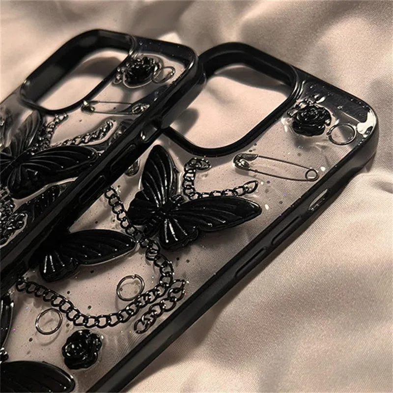 Black silicone phone case with three-dimensional butterfly design for Apple iPhone drop protection
