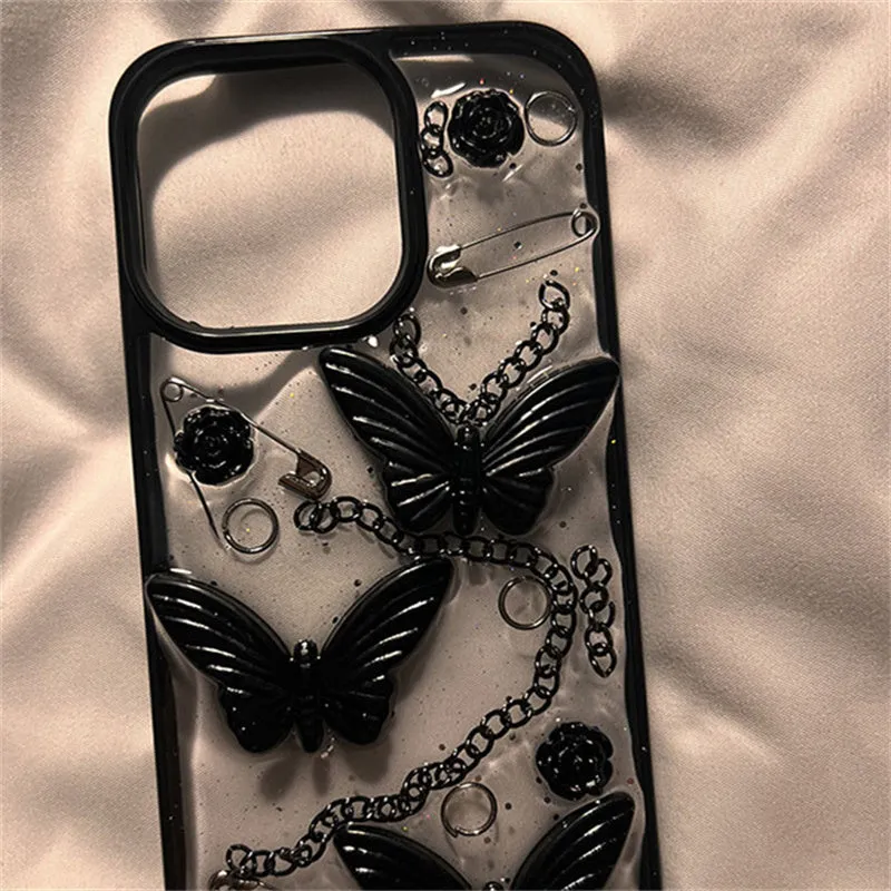 Black silicone phone case with three-dimensional butterfly design for Apple iPhone drop protection