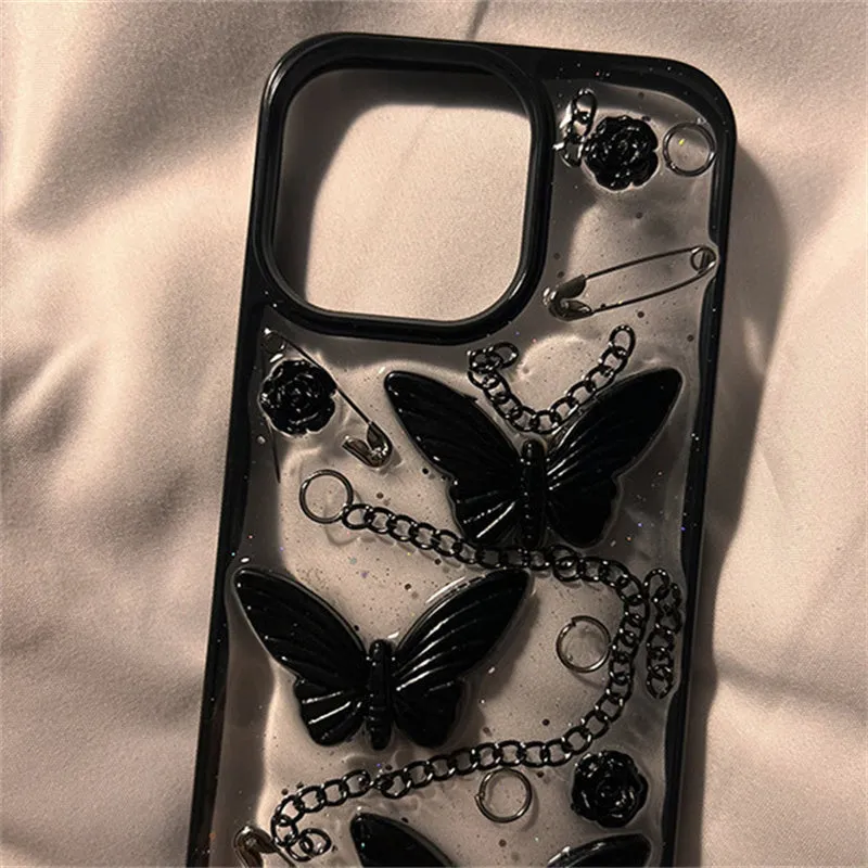 Black silicone phone case with three-dimensional butterfly design for Apple iPhone drop protection