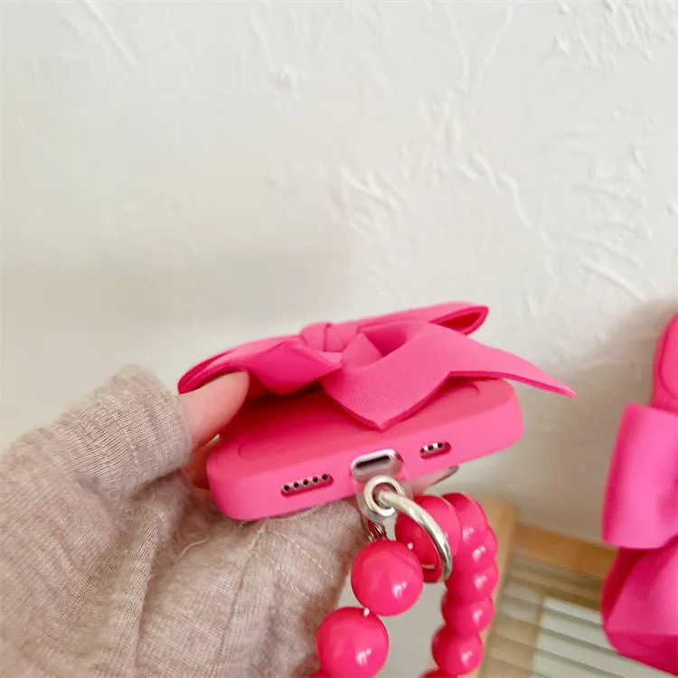 Rose Red silicone bow beads chain phone case for Samsung TPU back cover