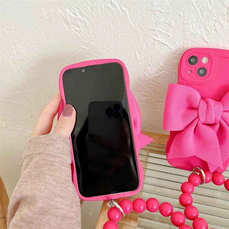 Rose Red silicone bow beads chain phone case for Samsung TPU back cover