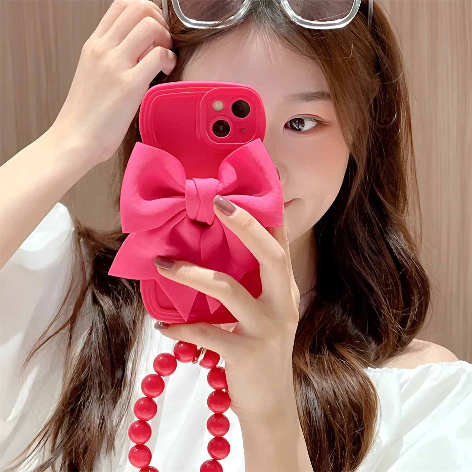 Rose Red silicone bow beads chain phone case for Samsung TPU back cover