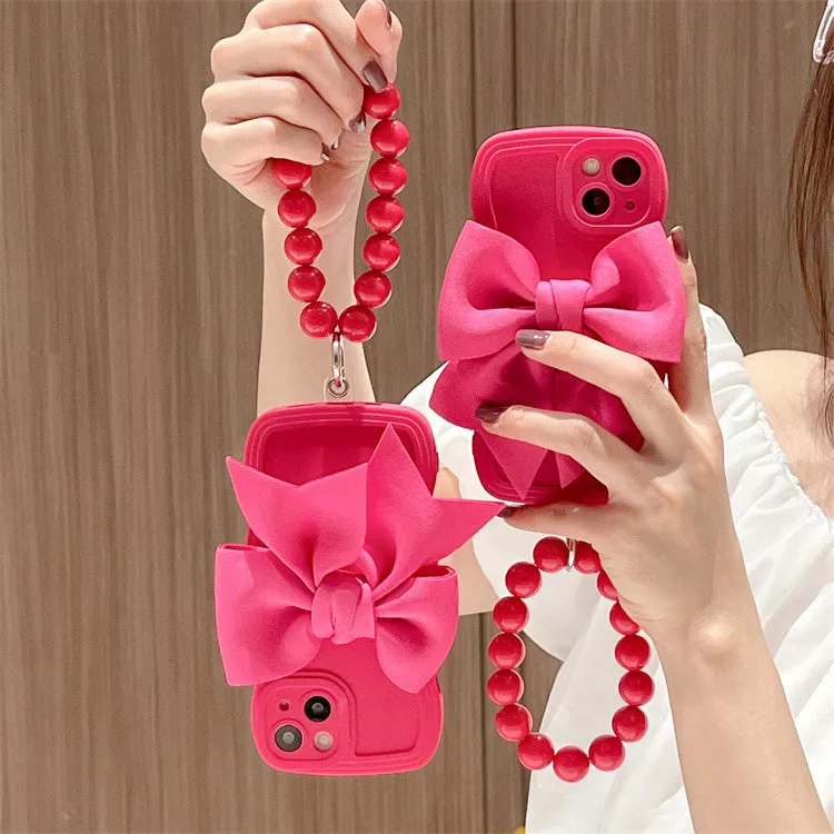 Rose Red silicone bow beads chain phone case for Samsung TPU back cover