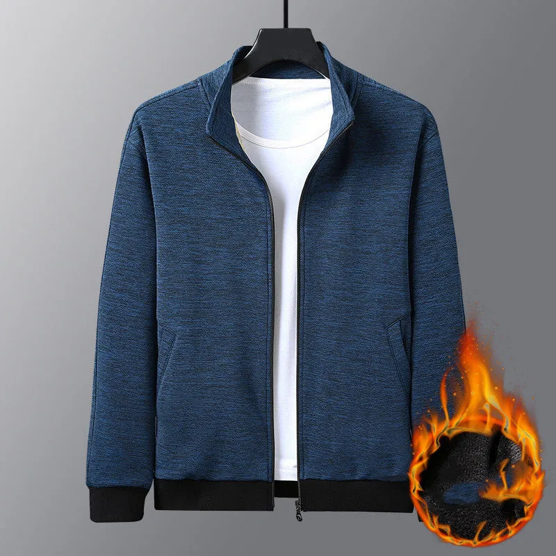 Men's black athletic jacket with stand-up collar and zip front, shown on a model.