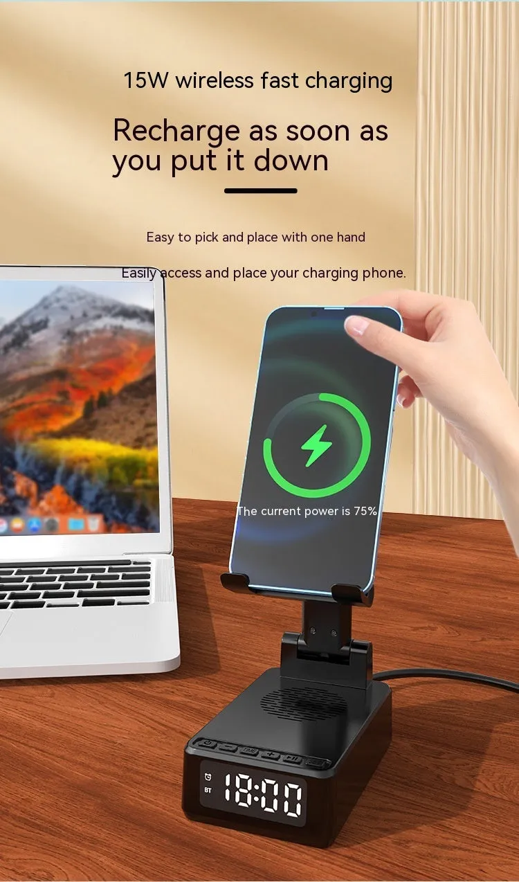 Multi-function Bluetooth speaker mobile phone holder desktop bracket with wireless charger 15W in black ABS plastic
