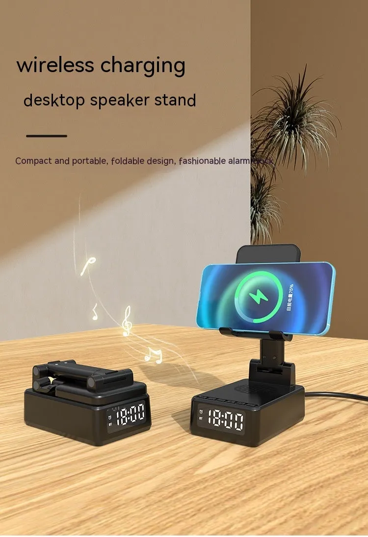 Multi-function Bluetooth speaker mobile phone holder desktop bracket with wireless charger 15W in black ABS plastic