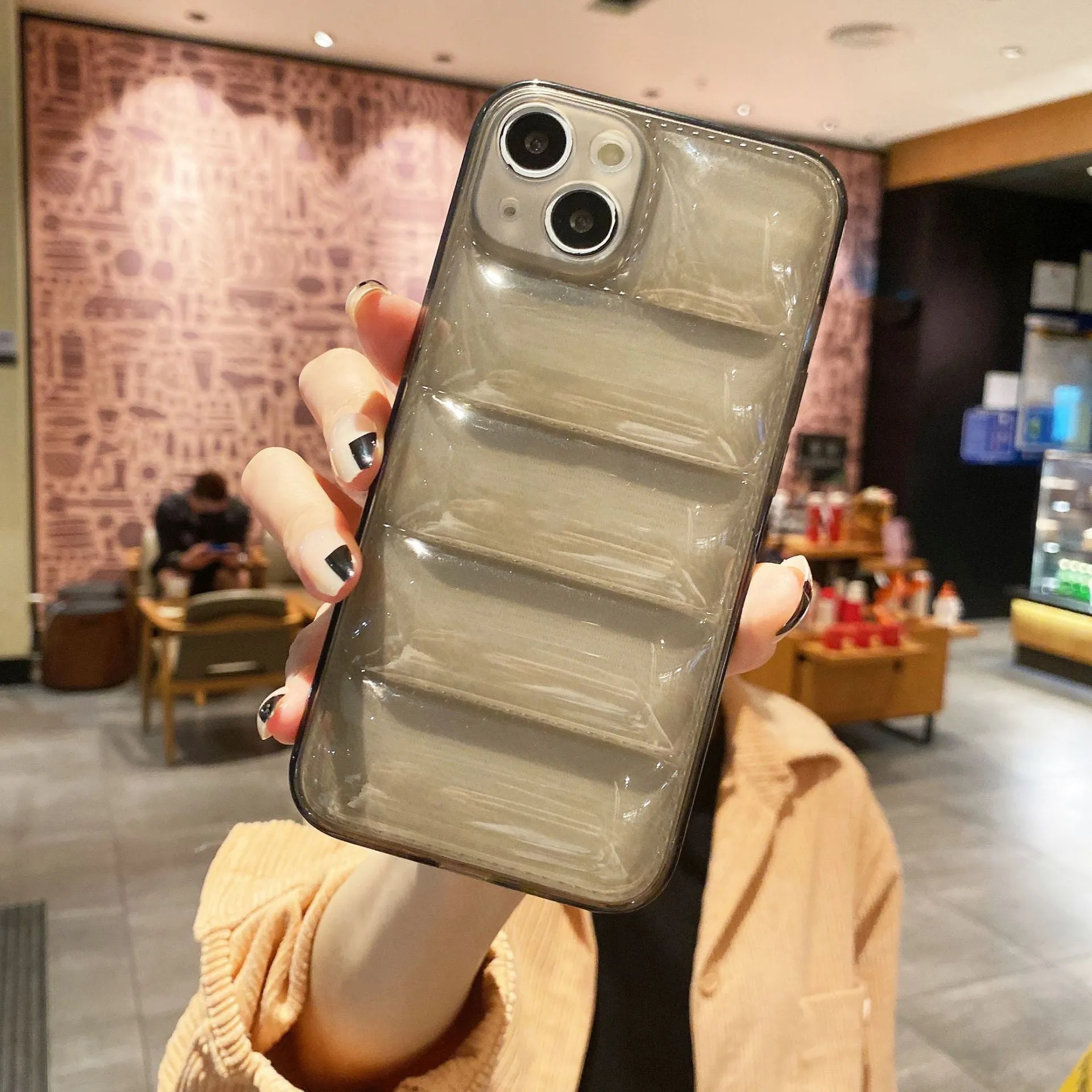 Transparent TPU phone case with down jacket texture for iPhone 15, shockproof air cushion design