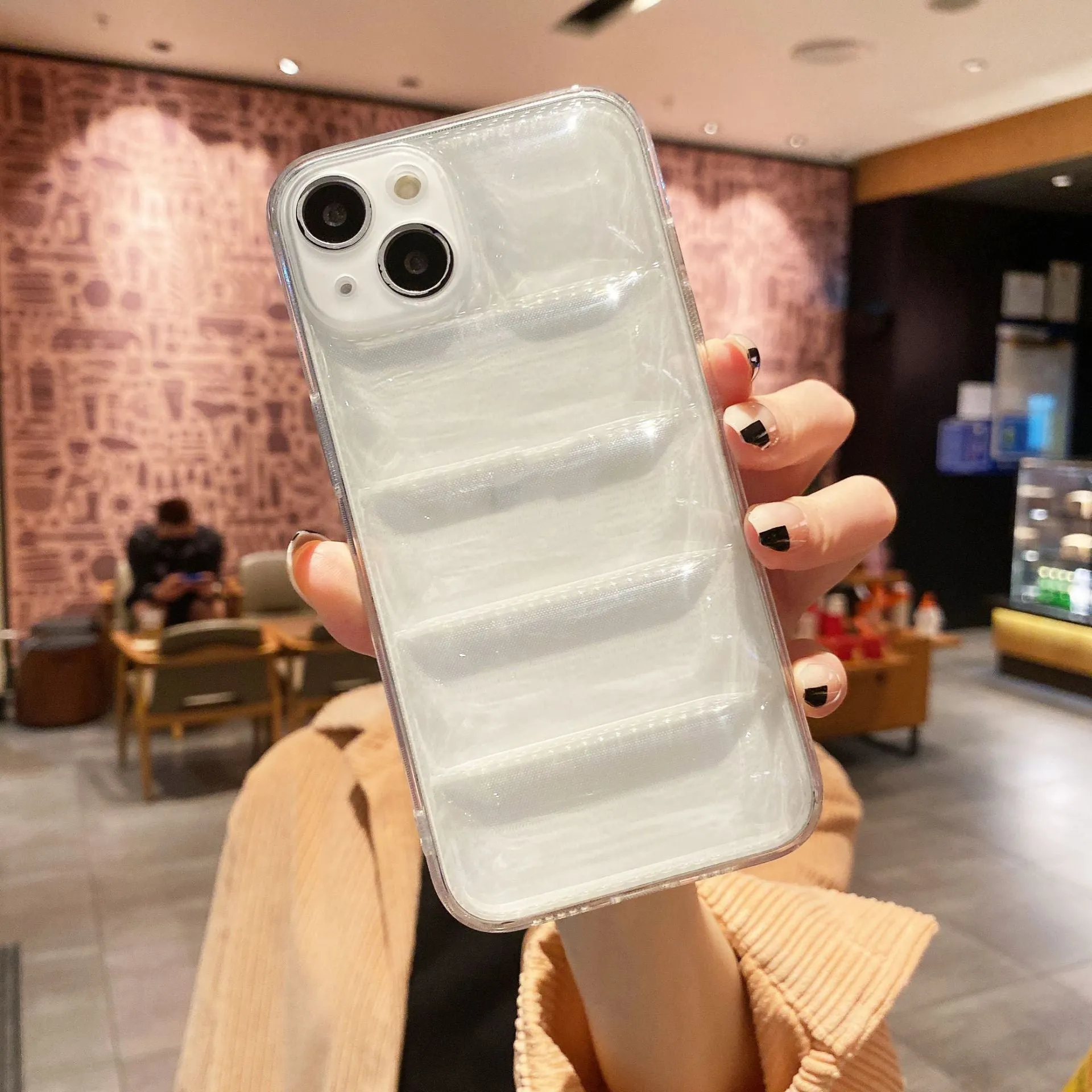 Transparent TPU phone case with down jacket texture for iPhone 15, shockproof air cushion design