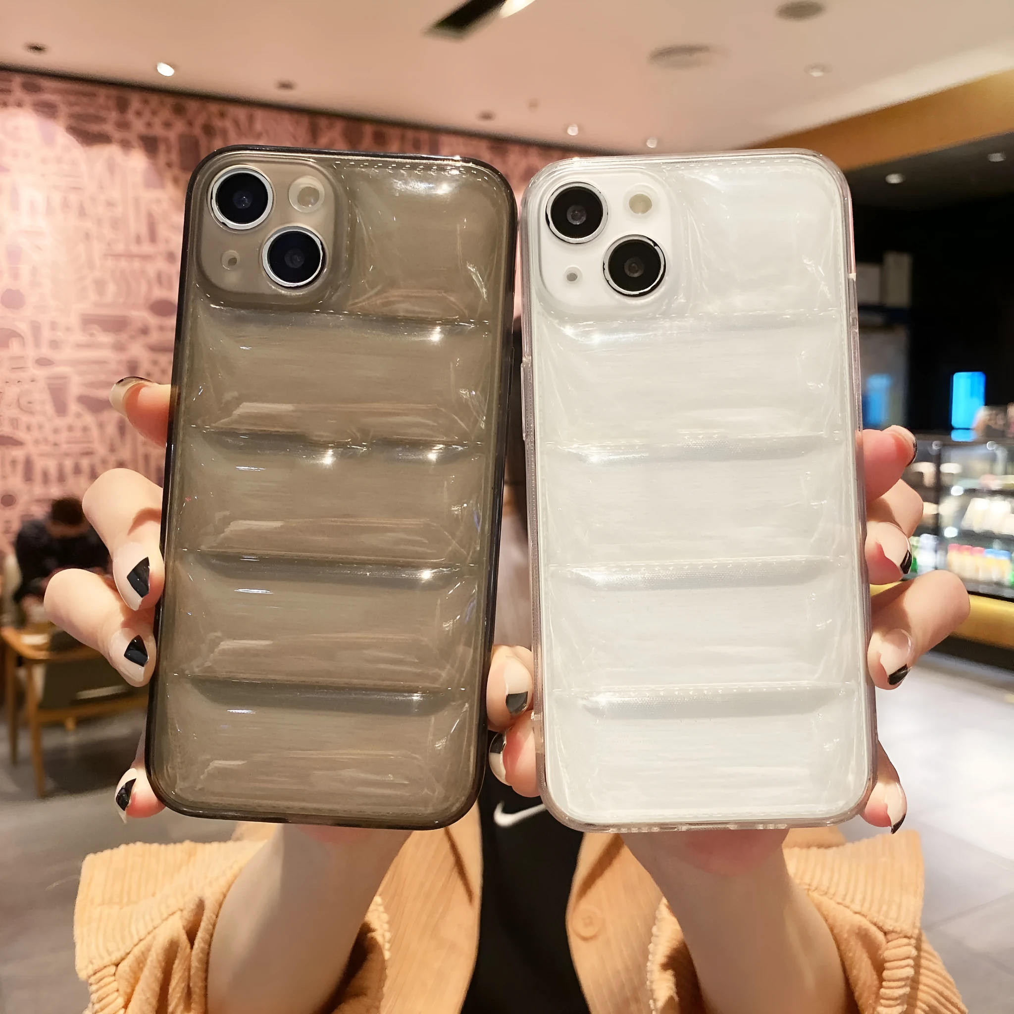 Transparent TPU phone case with down jacket texture for iPhone 15, shockproof air cushion design