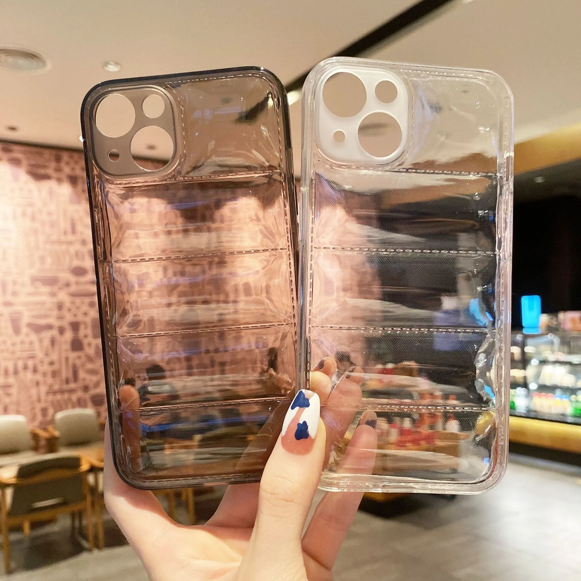 Transparent TPU phone case with down jacket texture for iPhone 15, shockproof air cushion design