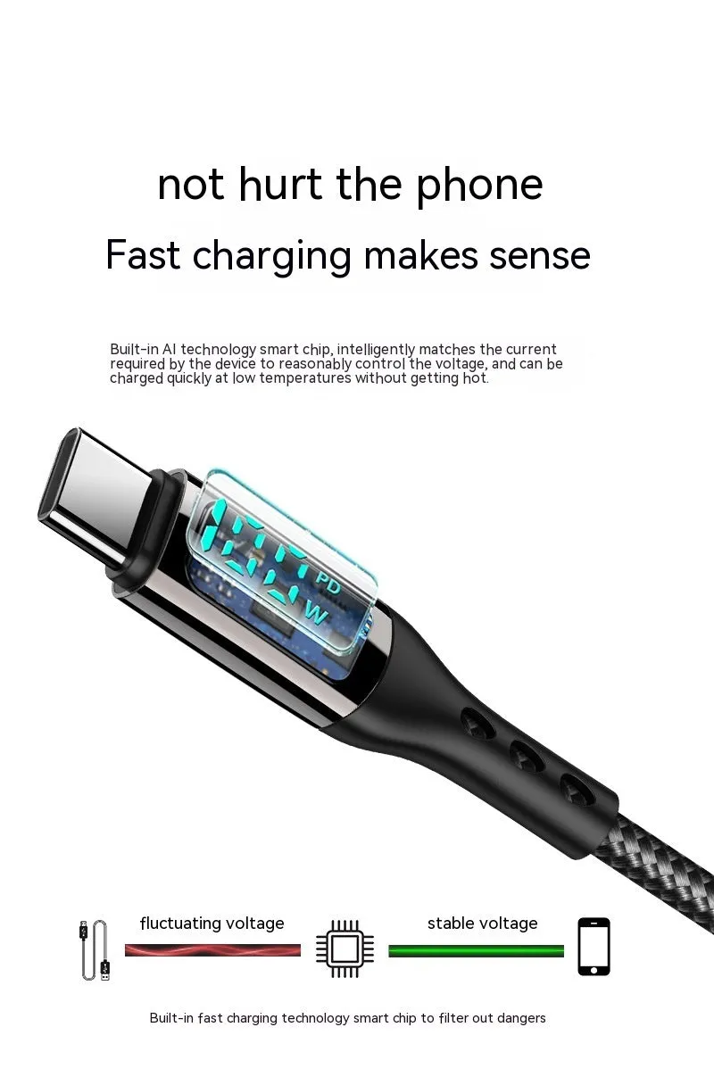 Double-headed TYPE-C PD 100W woven data cable with digital display in black on a plain background