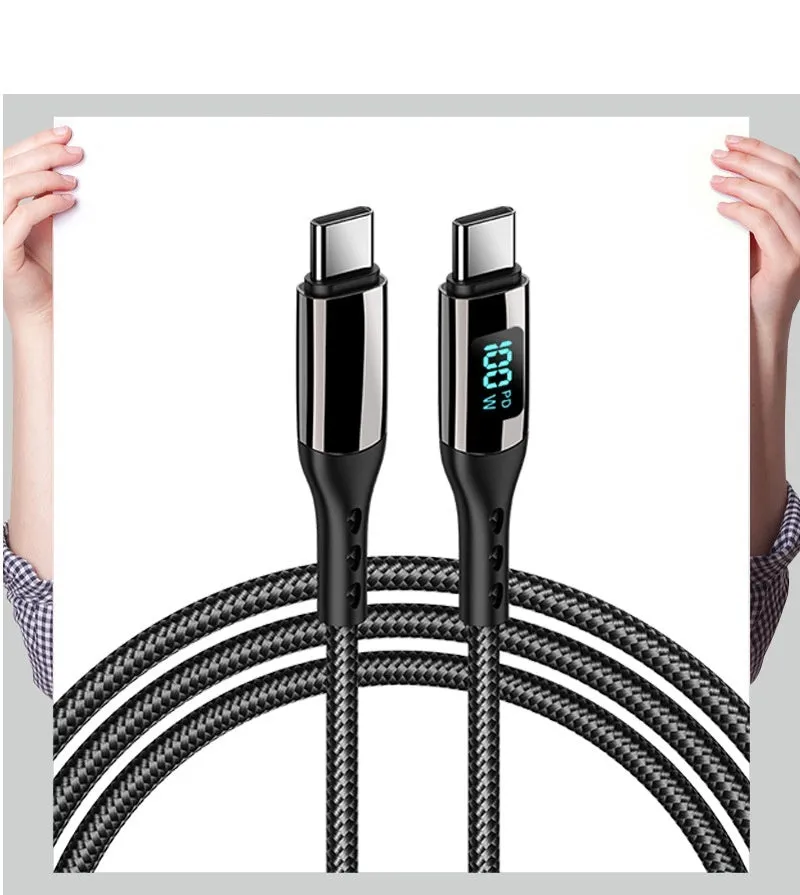 Double-headed TYPE-C PD 100W woven data cable with digital display in black on a plain background