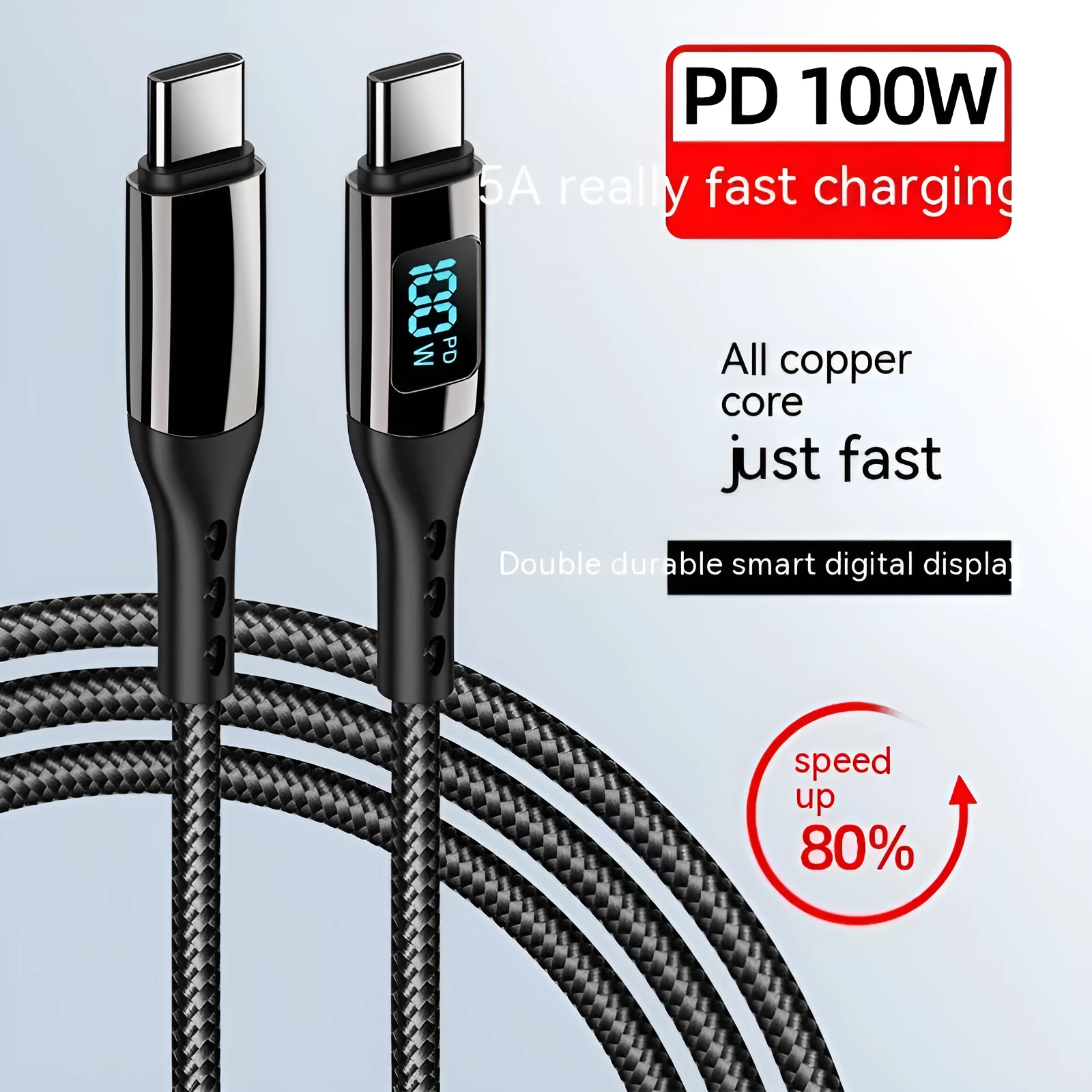 Double-headed TYPE-C PD 100W woven data cable with digital display in black on a plain background