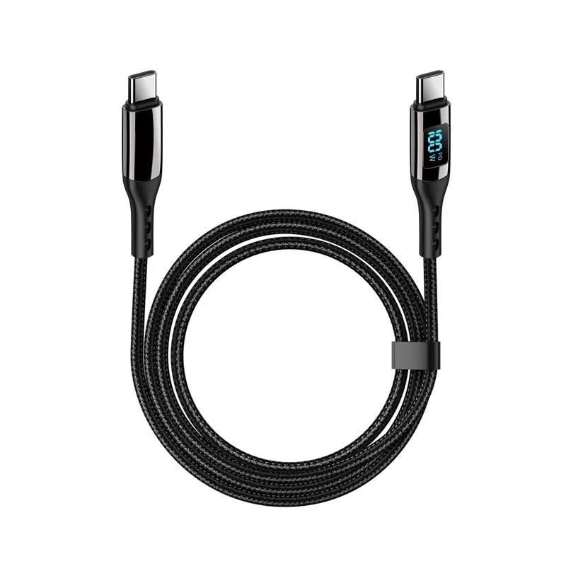 Double-headed TYPE-C PD 100W woven data cable with digital display in black on a plain background