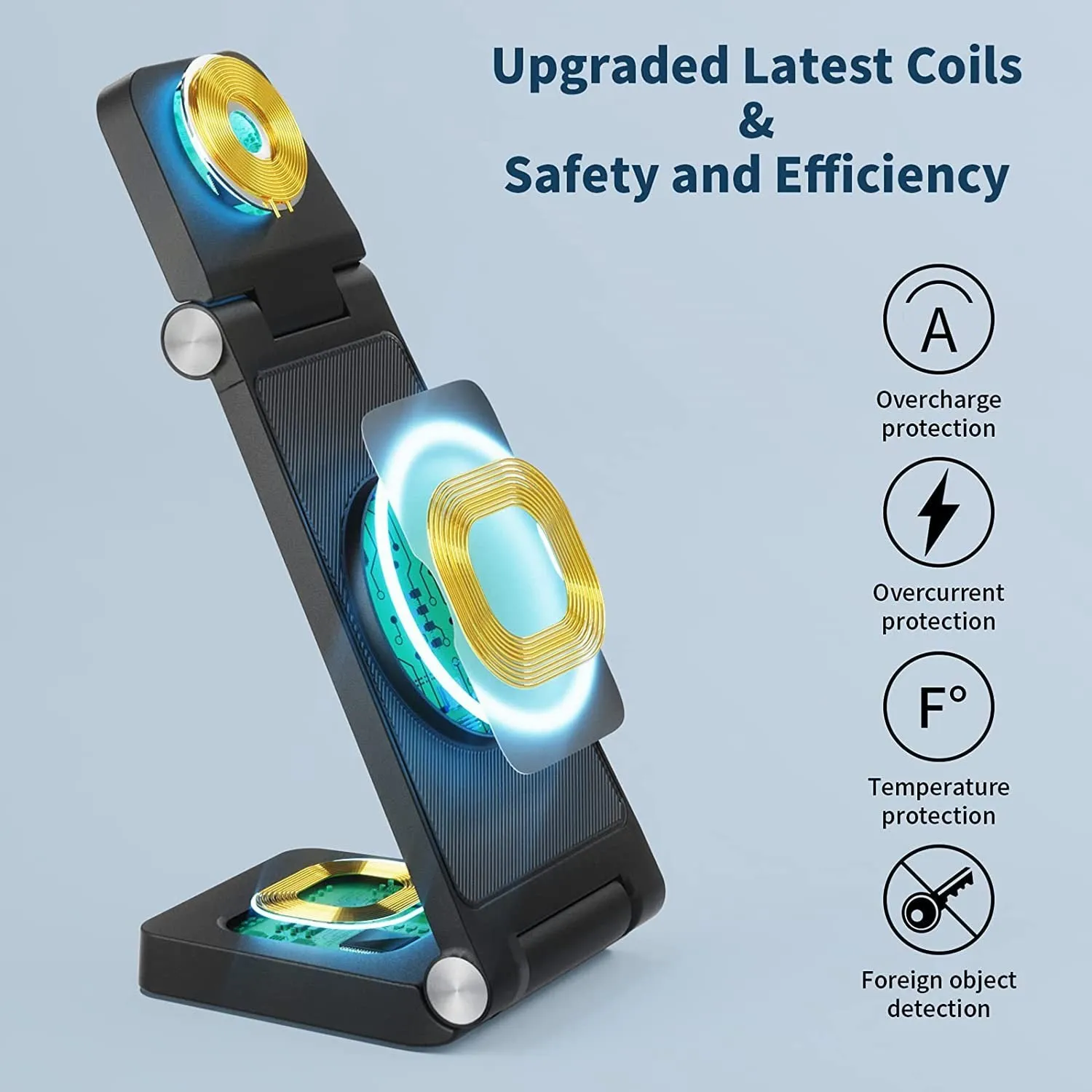 New vertical folding magnetic three-in-one wireless charger in black on a desk charging a smartphone, watch, and earbuds