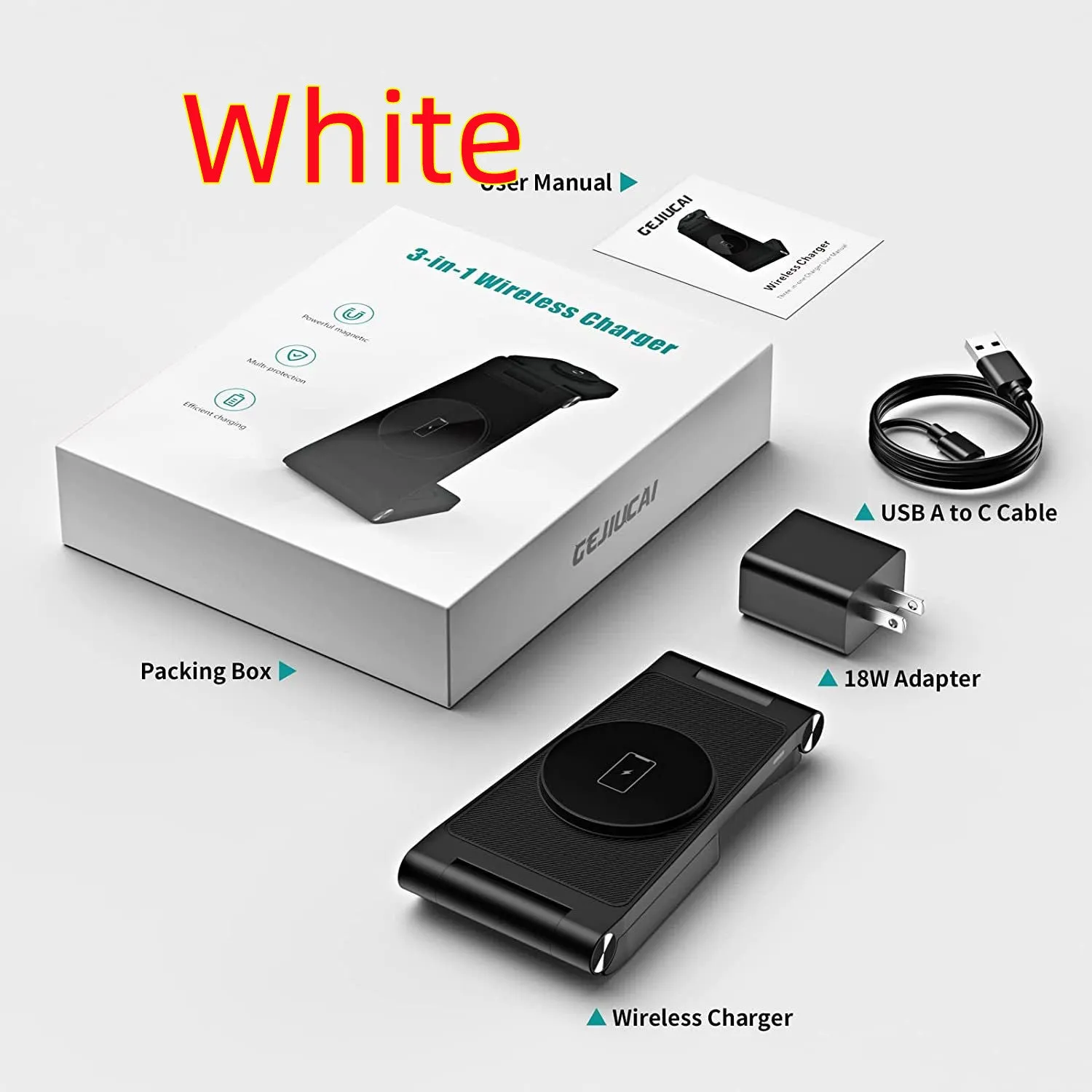 New vertical folding magnetic three-in-one wireless charger in black on a desk charging a smartphone, watch, and earbuds