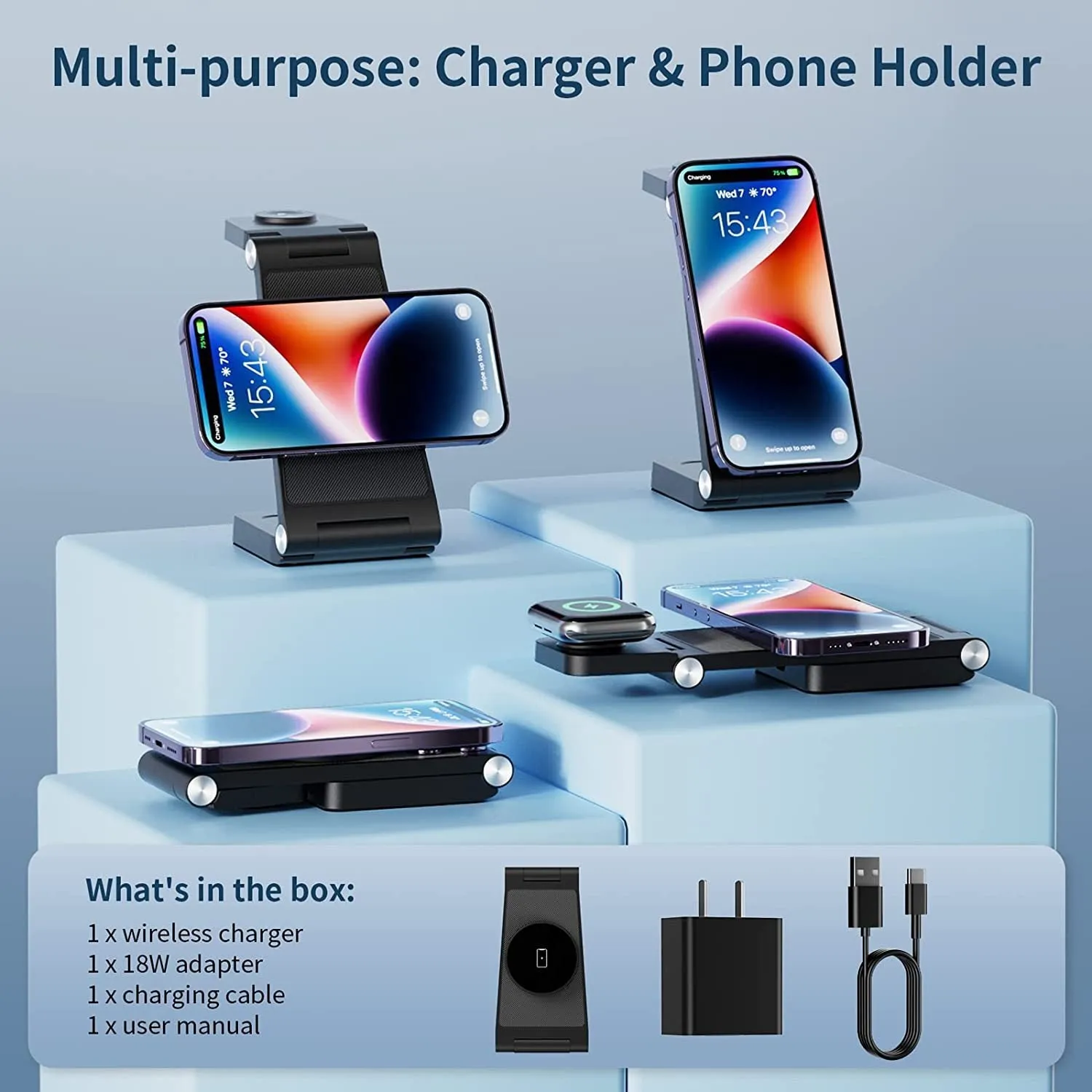 New vertical folding magnetic three-in-one wireless charger in black on a desk charging a smartphone, watch, and earbuds