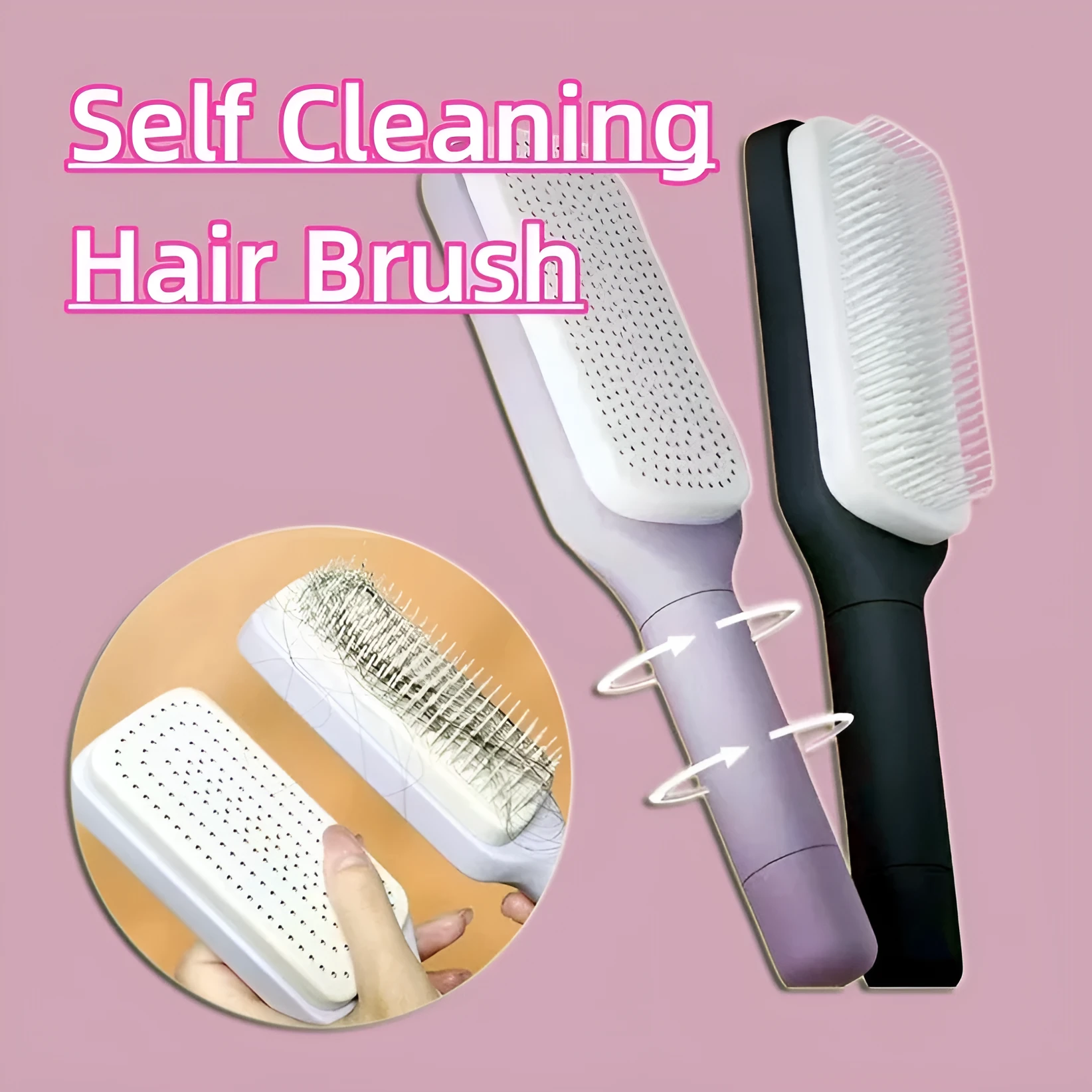 Purple self-cleaning hair brush with rotating handle and massage comb bristles