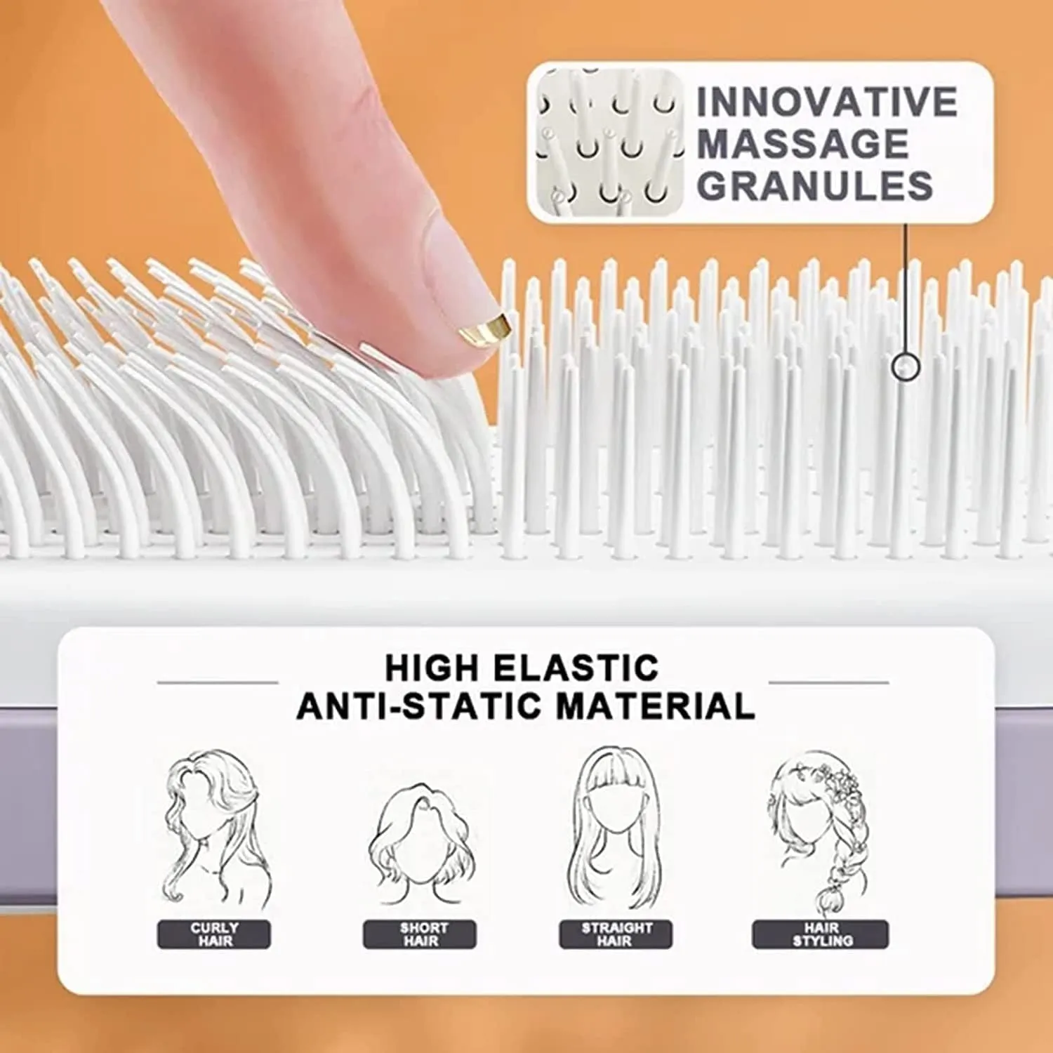 Purple self-cleaning hair brush with rotating handle and massage comb bristles