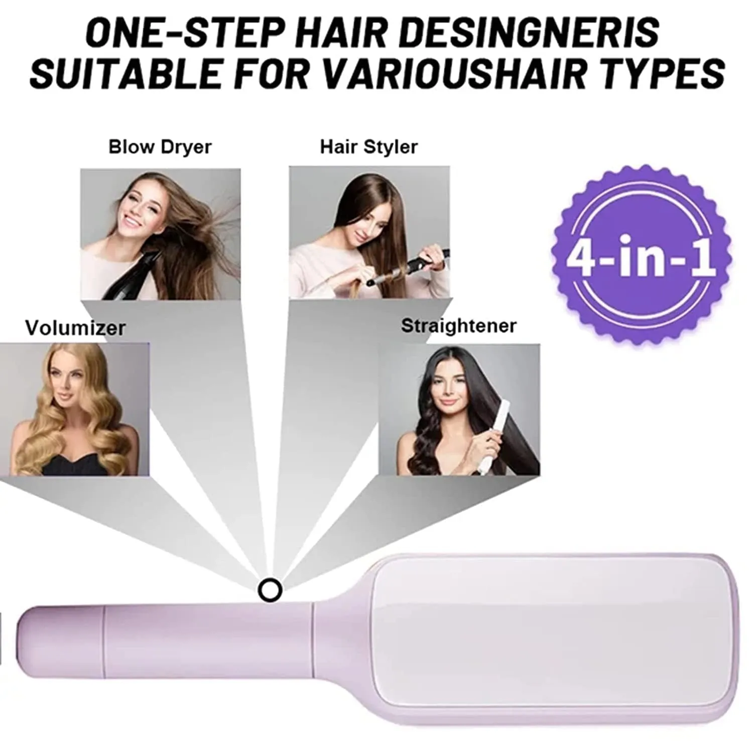 Purple self-cleaning hair brush with rotating handle and massage comb bristles