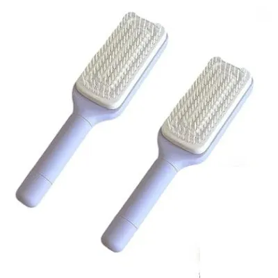 Purple self-cleaning hair brush with rotating handle and massage comb bristles