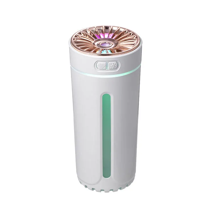 Black portable USB rechargeable humidifier with colourful LED lights on a car cup holder.