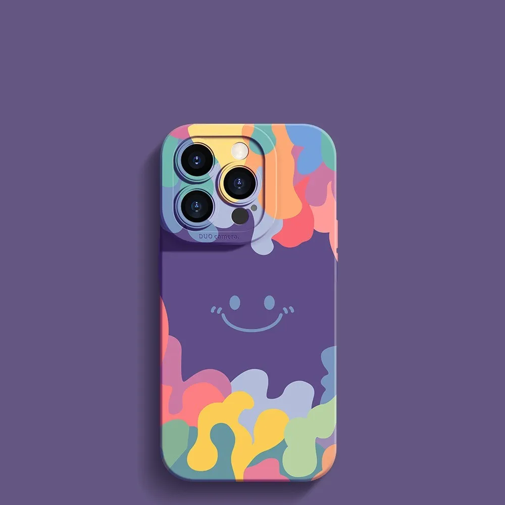 TPU drop-resistant phone case for iPhone in purple with smiling face pattern