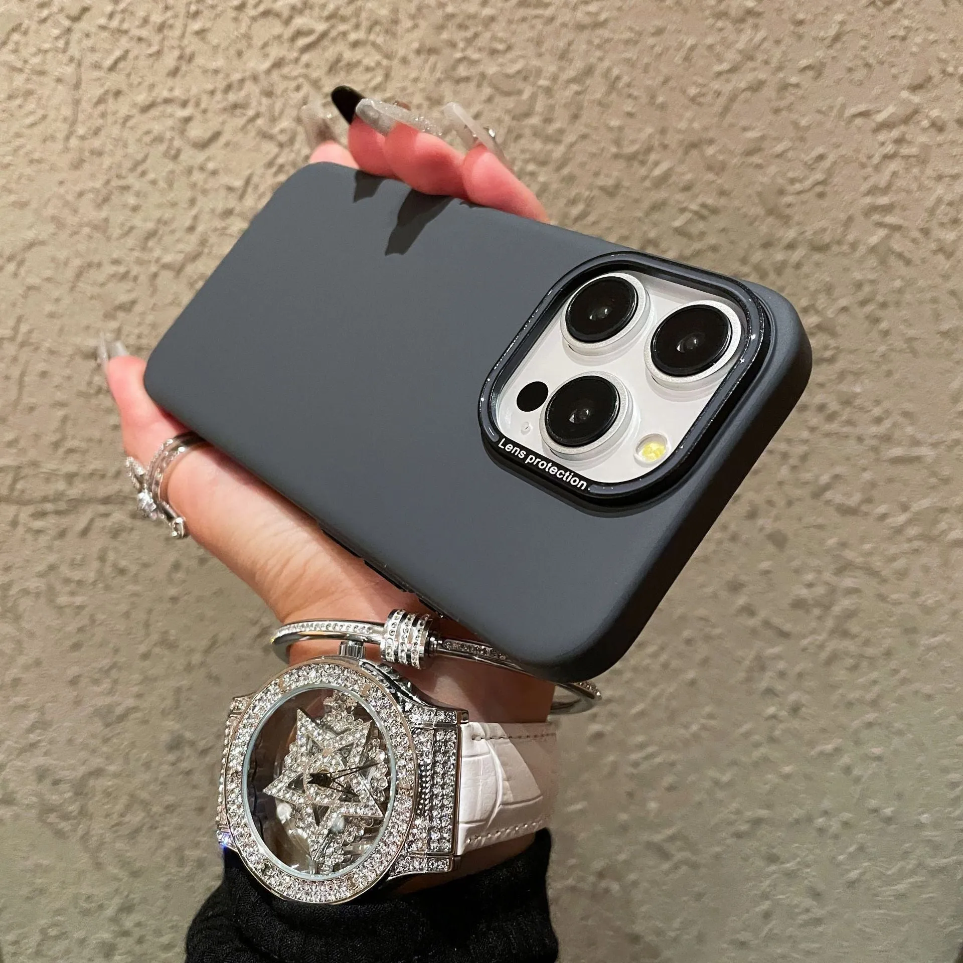 Frosted PC phone case for iPhone 14 Pro in titanium gray with crystal sand texture