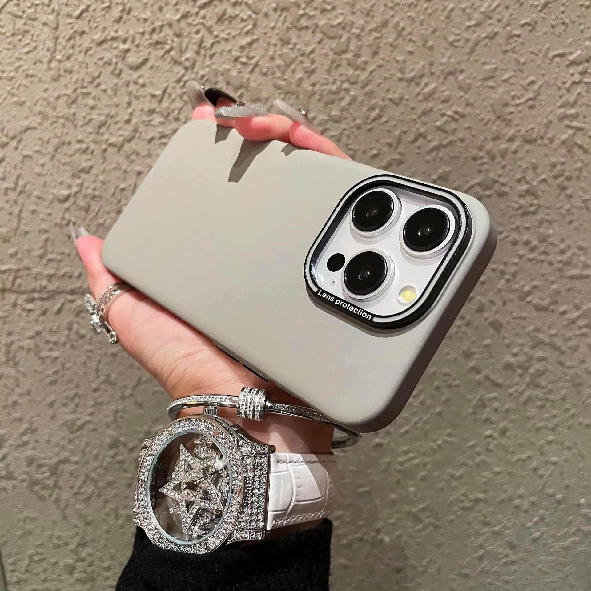 Frosted PC phone case for iPhone 14 Pro in titanium gray with crystal sand texture
