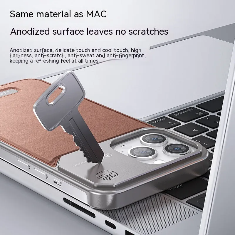 Aluminium alloy anti-fall phone case for Apple iPhone in black half-pack style with machined finish