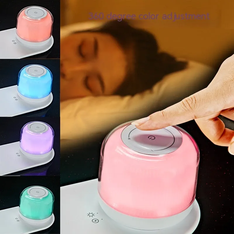 White fast charging wireless charger table lamp two-in-one with 15W max and 3000K night light on a desk
