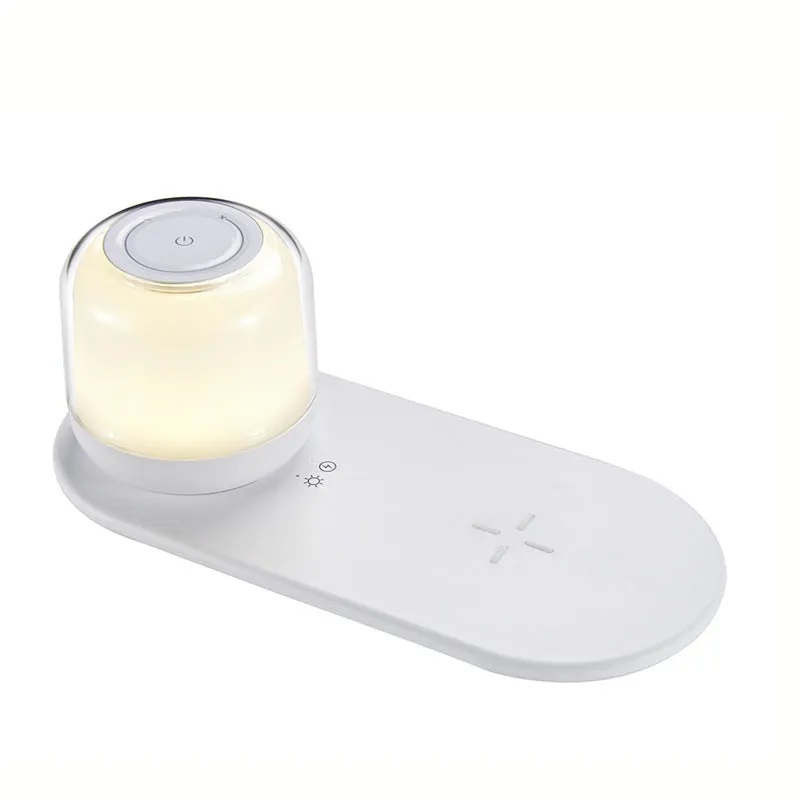 White fast charging wireless charger table lamp two-in-one with 15W max and 3000K night light on a desk