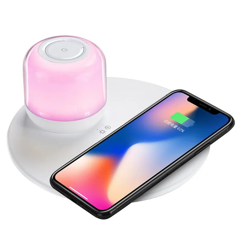 White fast charging wireless charger table lamp two-in-one with 15W max and 3000K night light on a desk