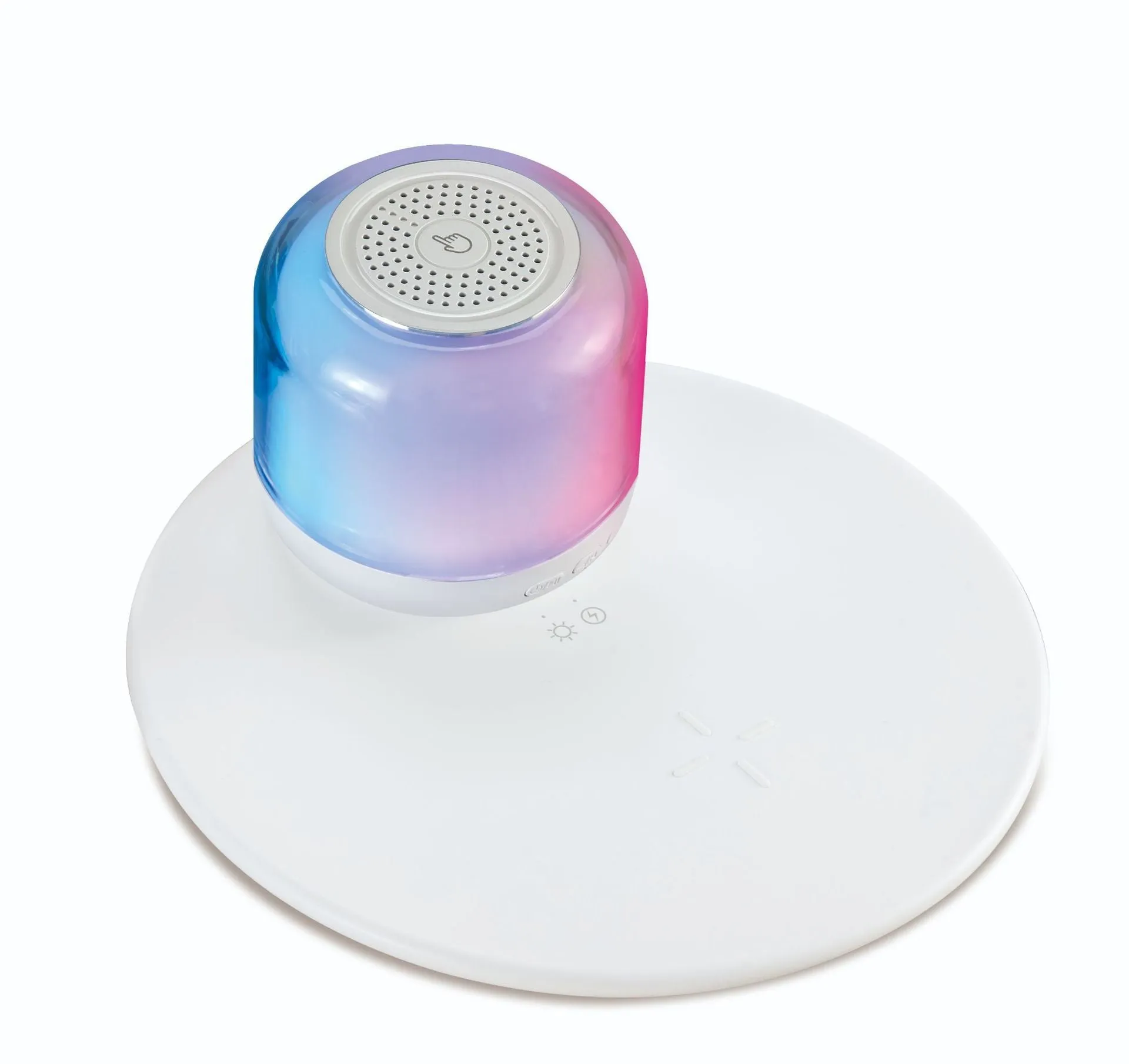 White fast charging wireless charger table lamp two-in-one with 15W max and 3000K night light on a desk
