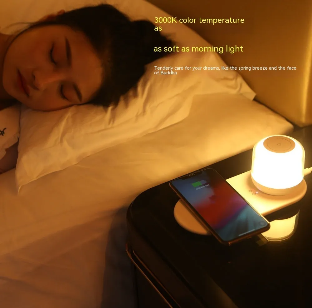 White fast charging wireless charger table lamp two-in-one with 15W max and 3000K night light on a desk