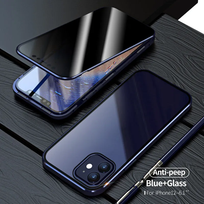 Magnetic black iPhone privacy case with anti-spy tempered glass back on an iPhone.