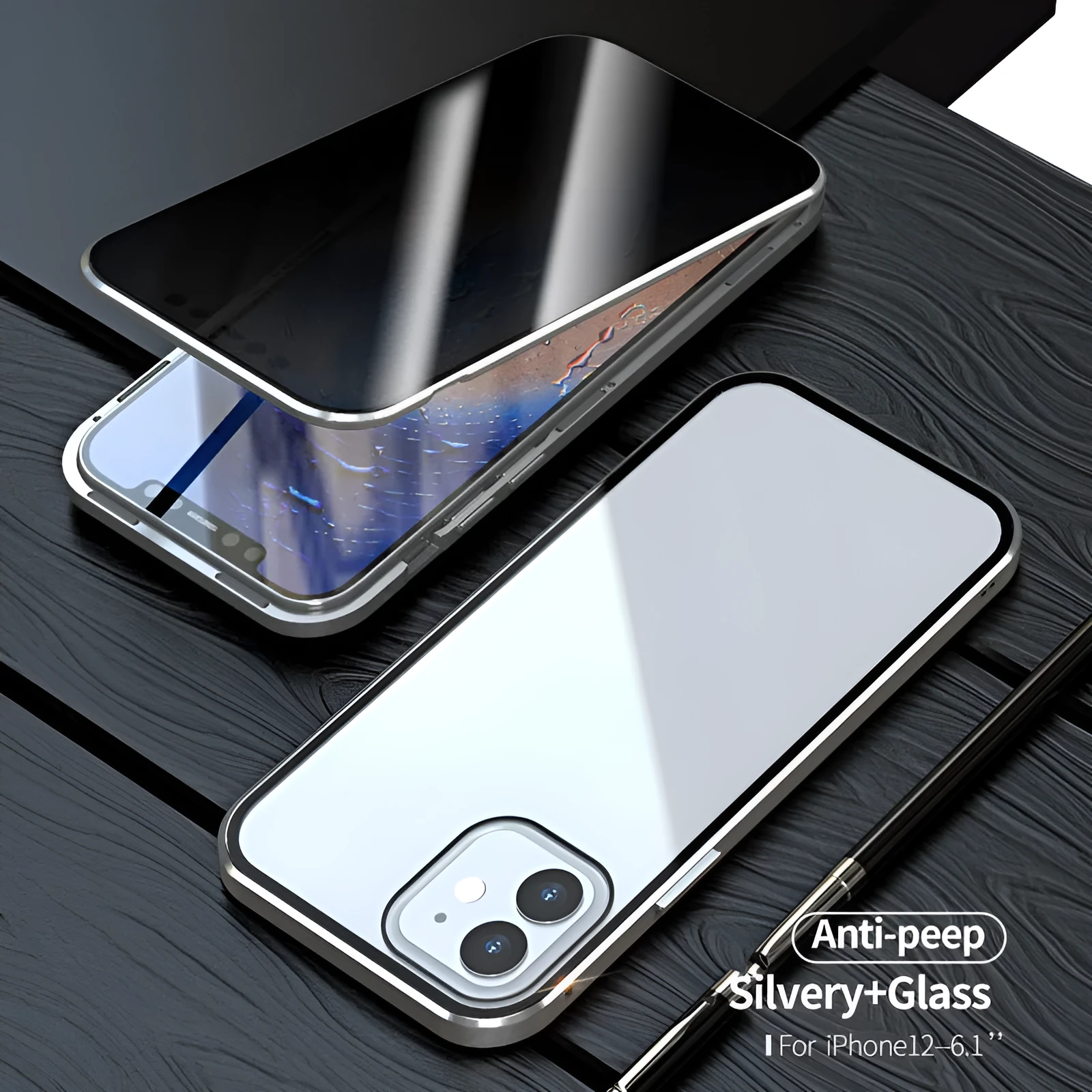 Magnetic black iPhone privacy case with anti-spy tempered glass back on an iPhone.